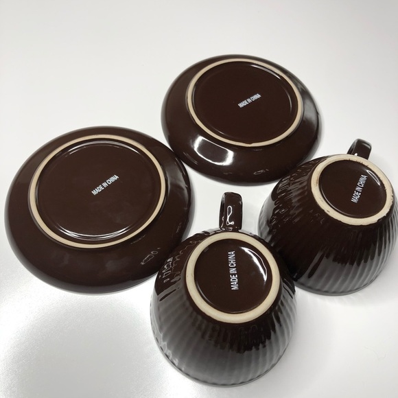 Paris Hot Chocolate Rich Brown Ridged Mugs & Saucers Cozy Winter Cups Set of 2 - Picture 9 of 12